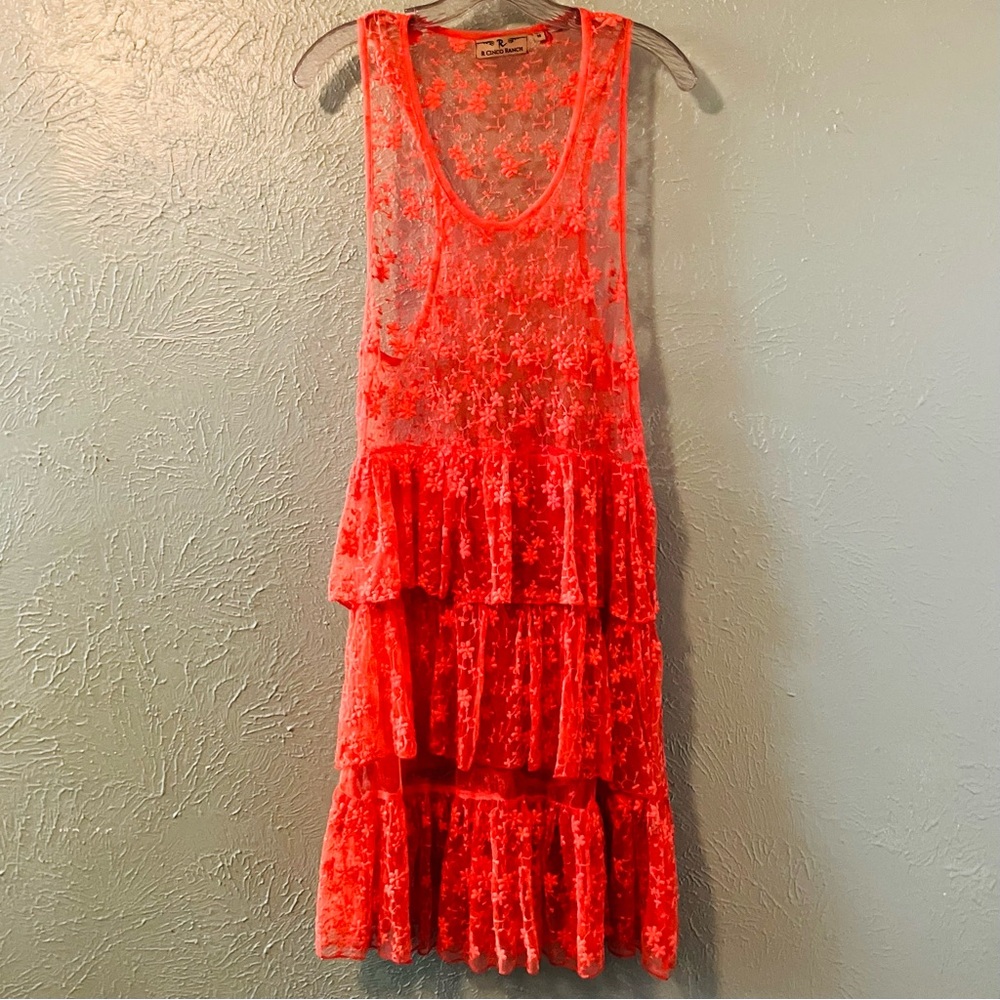 R Cinco Ranch Coral Floral Lace Tiered Sheer Drop Waist Dress
